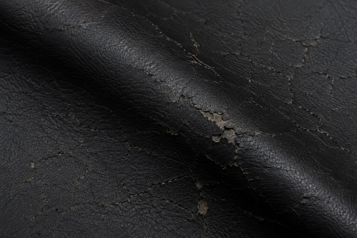 Bonded leather swatch showing surface wear and early peeling
