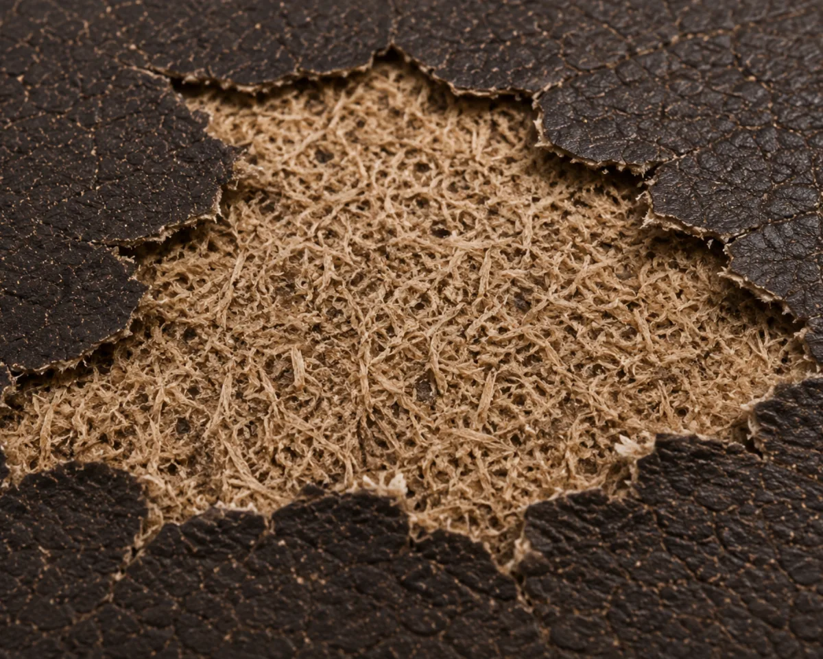 Macro of bonded leather with the surface gone, showing the pale fibrous backing exposed in a large patch