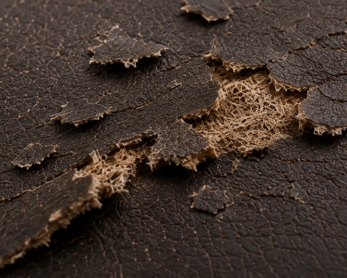 Macro of bonded leather flaking, dark pieces of the surface layer detaching and exposing pale fiber beneath