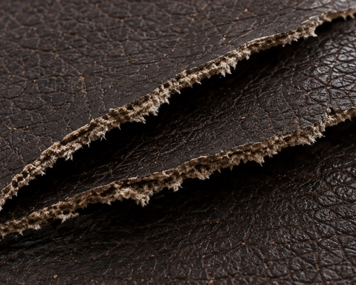 Macro of bonded leather lifting, the surface film standing away from the layer underneath along a split