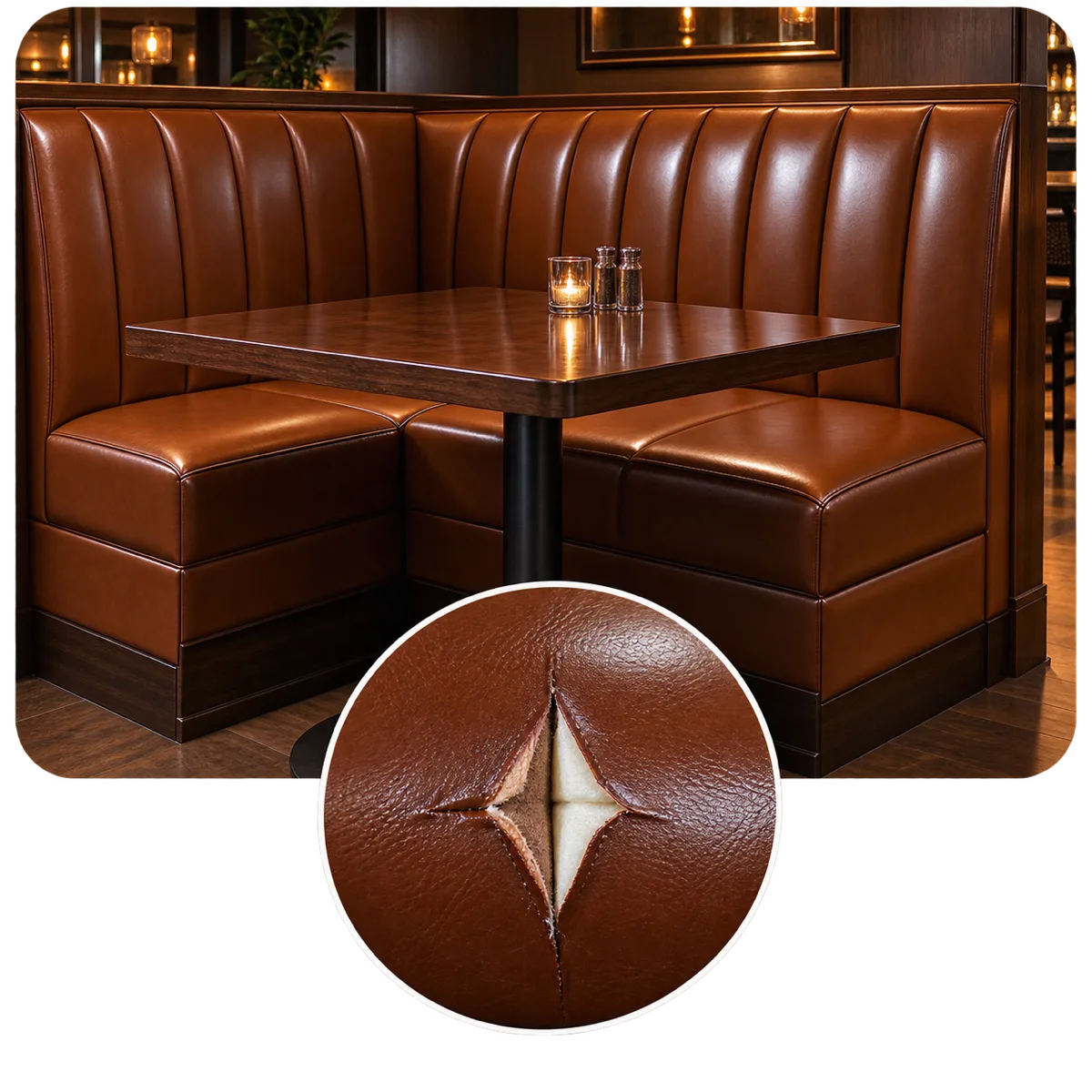 Brown booth bay with a split opened across the seat panel