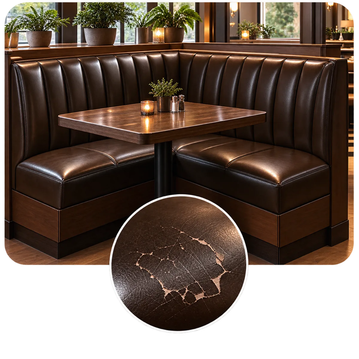 Dark brown corner booth with crazing spread across the seat