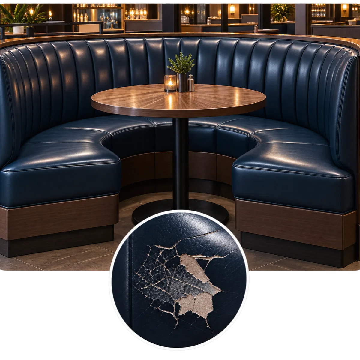 Navy leather booth with the finish cracked away to the backing