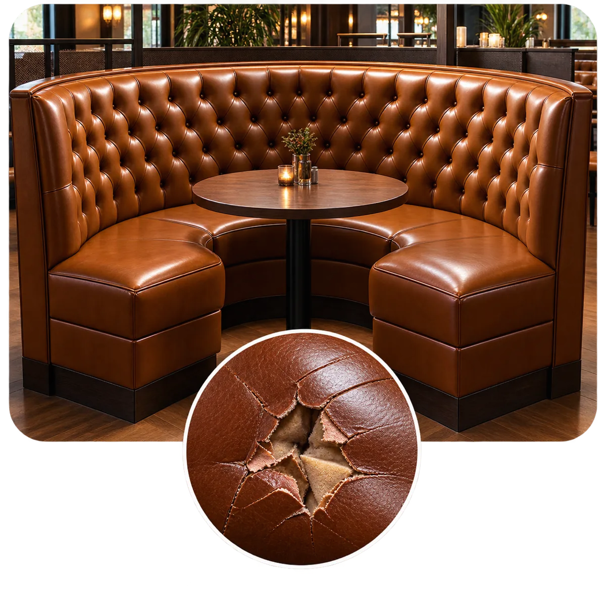 Tan buttoned booth burst open at the button with foam showing
