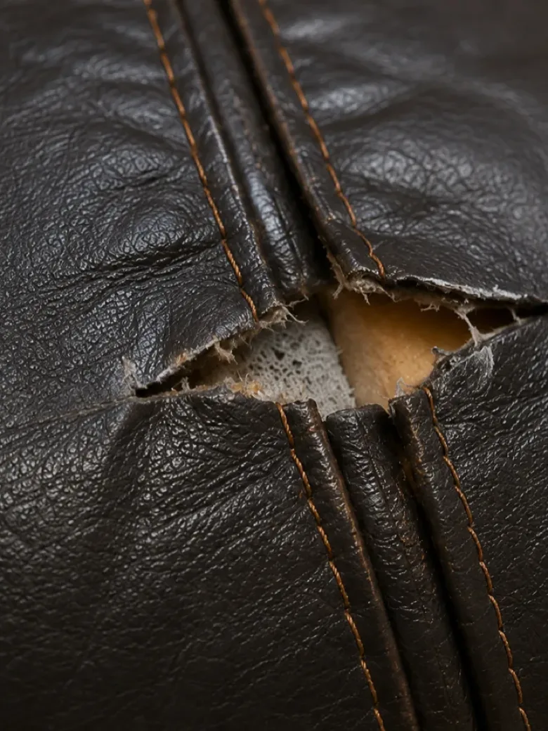 Split seam on a dark leather cushion with the filling showing through