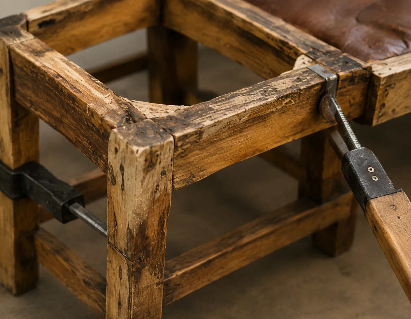 Bare chair frame with clamps across the re-glued corner joints