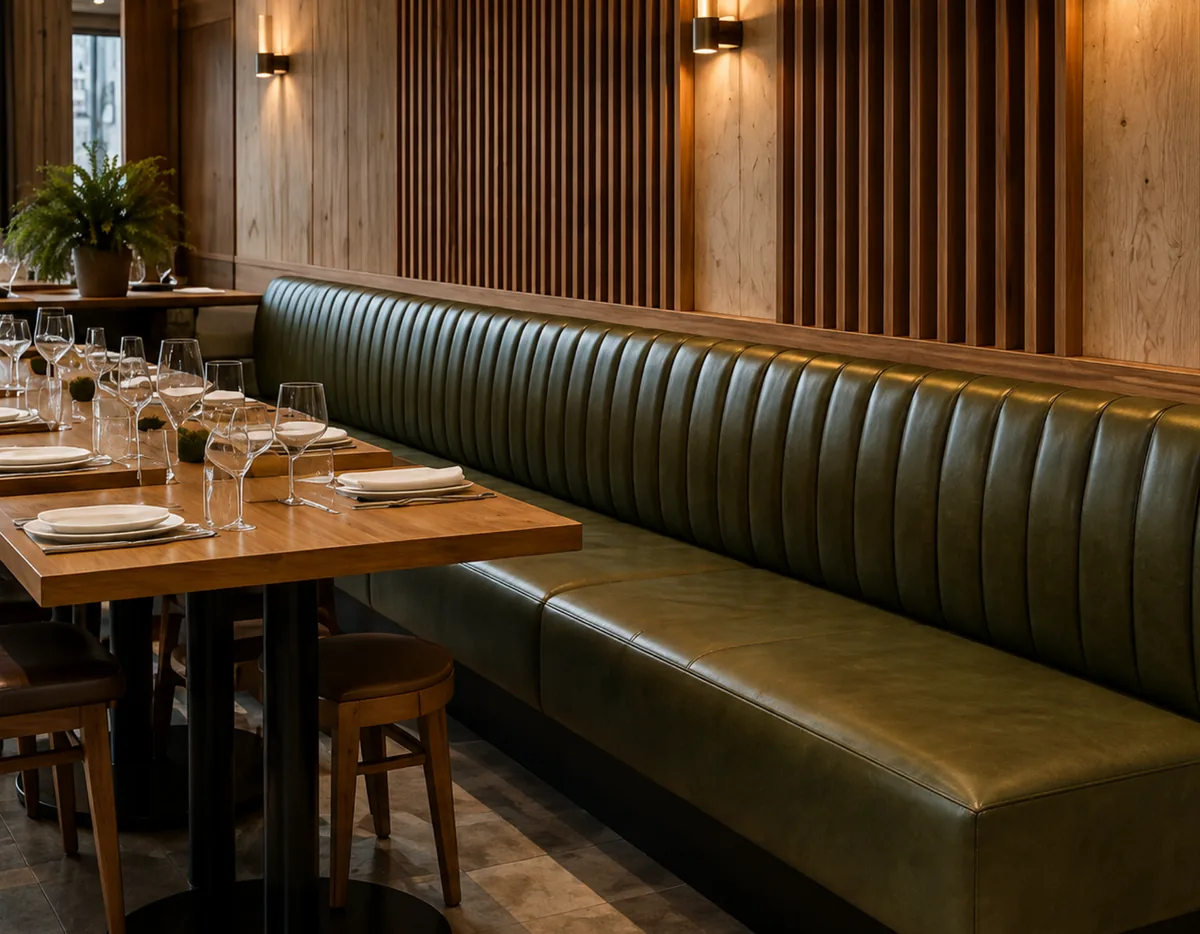 A built-in green banquette run in a New York restaurant — joinery that is repaired in place, never collected