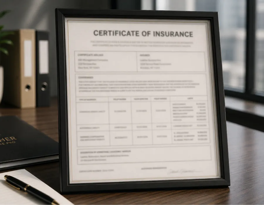 Framed certificate of insurance on a desk, issued for a commercial furniture repair vendor