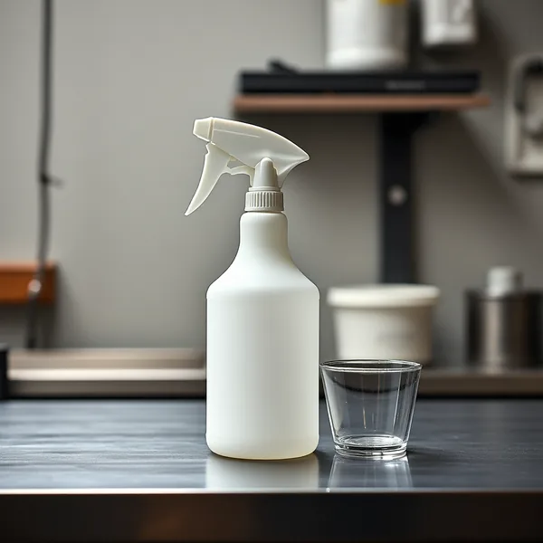 A spray bottle of diluted bleach solution with a measuring cup beside it