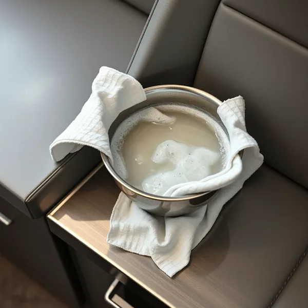 Bowl of pH-neutral soap solution and a cloth resting on a leather seat
