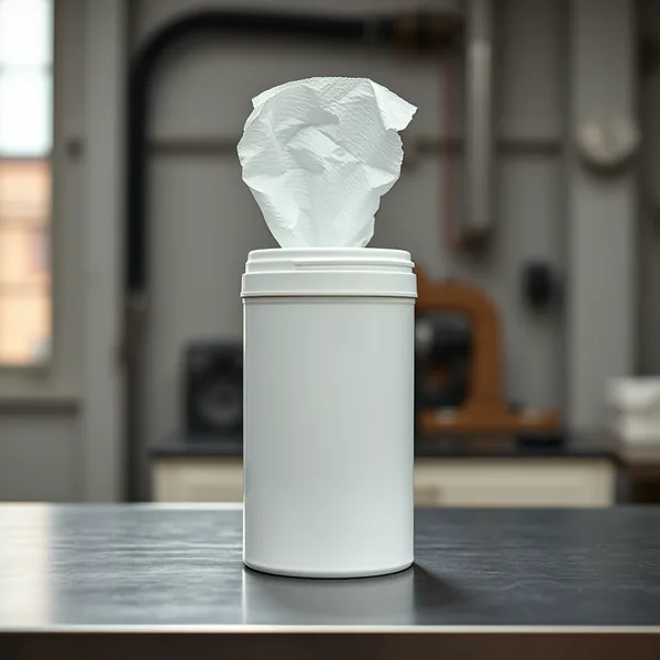 A tub of quaternary disinfectant wipes standing open on a cleaning trolley