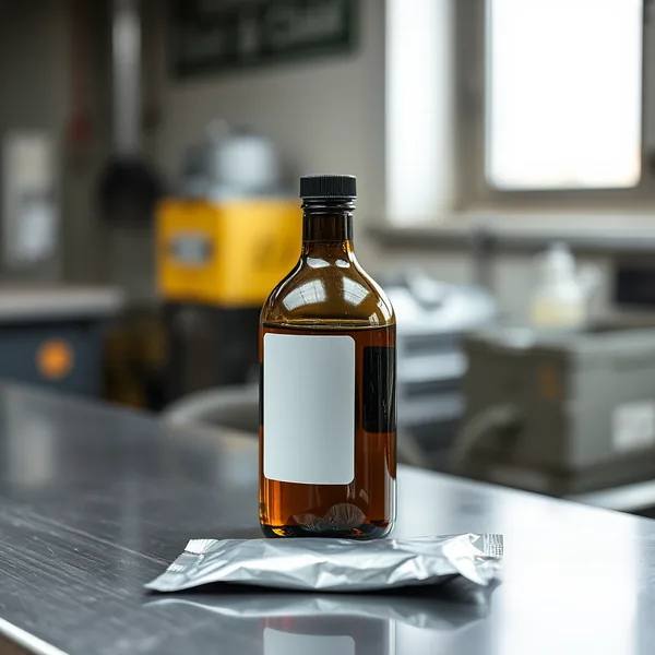 A bottle of solvent degreaser and an alcohol wipe packet on a stainless counter