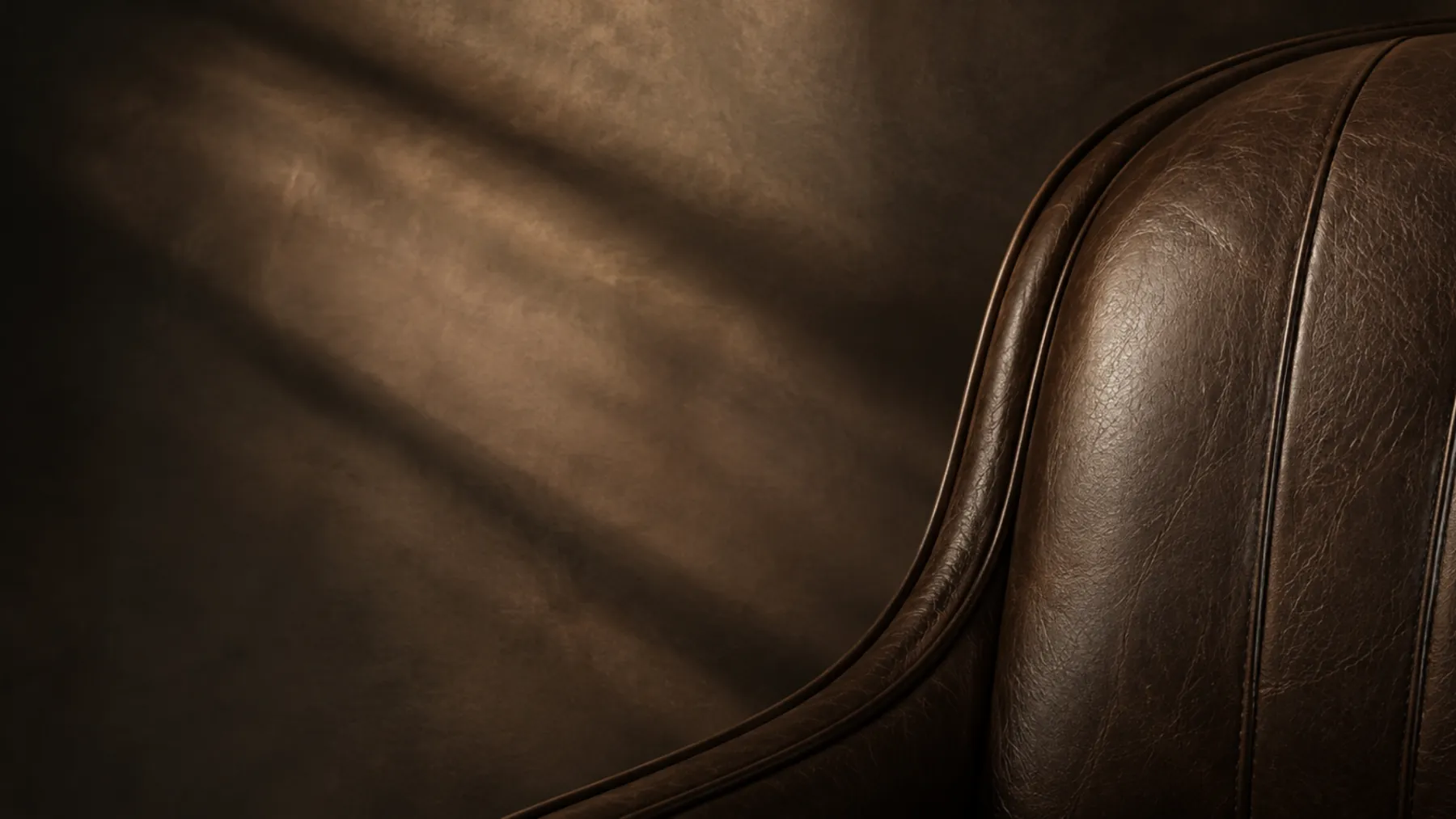 Raking light across a dark brown leather armchair and a leather-clad wall