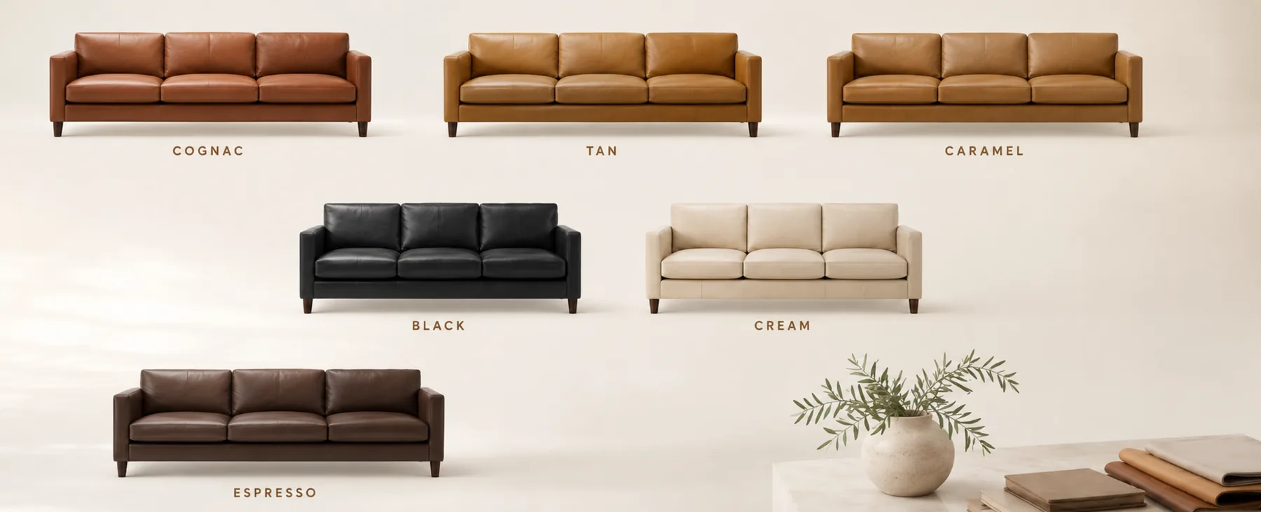 Commercial leather color matching — leather seating in a range of named shades used as colour references