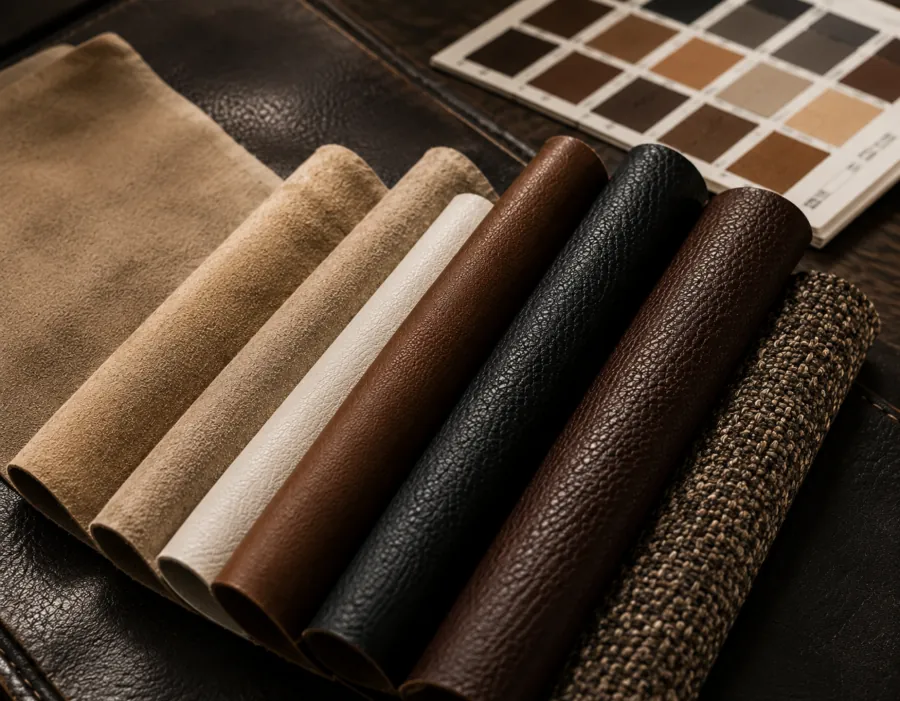 Leather and fabric swatches beside a colour reference card for commercial material matching