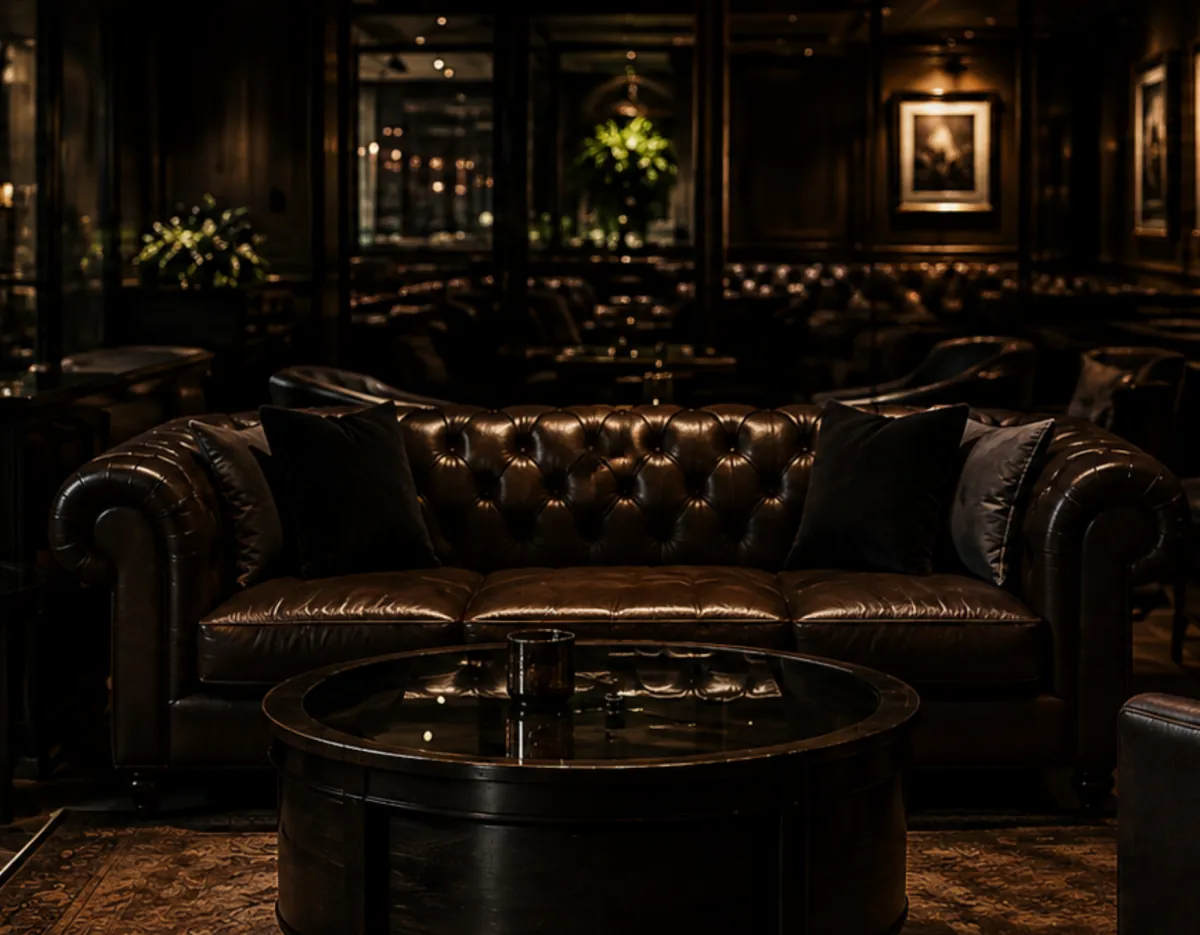 Tufted leather sofa in a hospitality lounge being scoped before commercial repair work begins