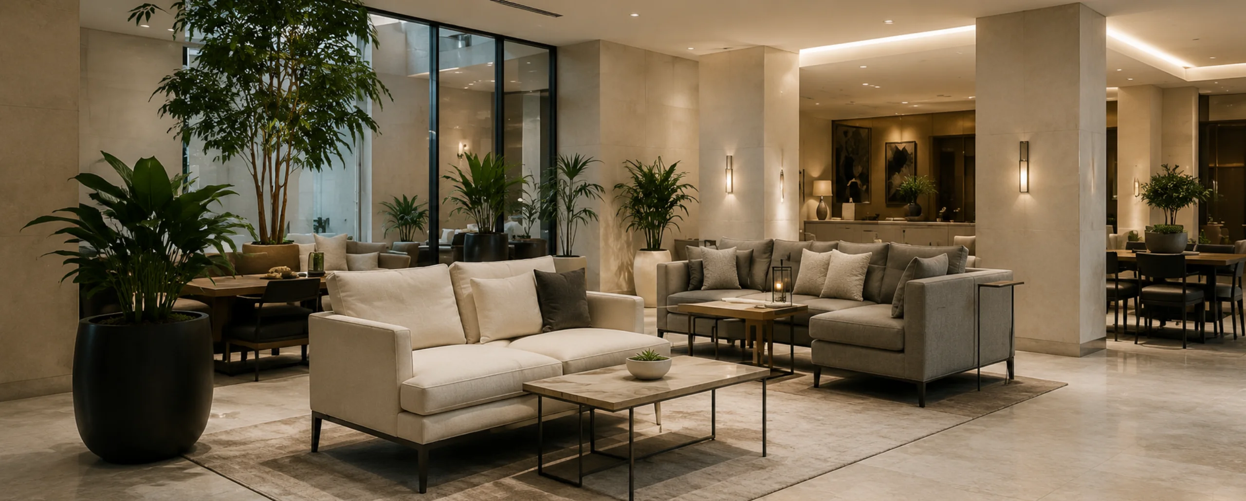 Leather and fabric seating in a luxury property lobby