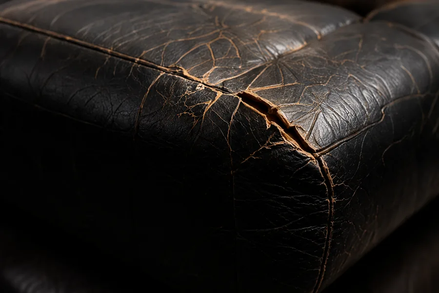 Split and cracked leather on the corner of a seat cushion