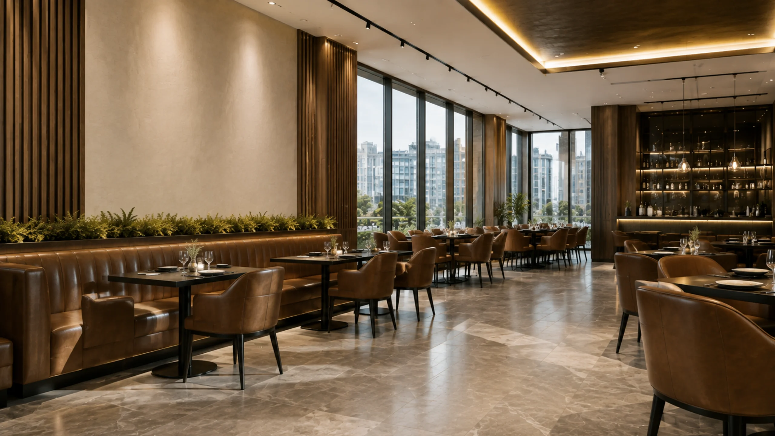 Restaurant banquette run and dining chairs in a bright NYC dining room, recovered zone by zone