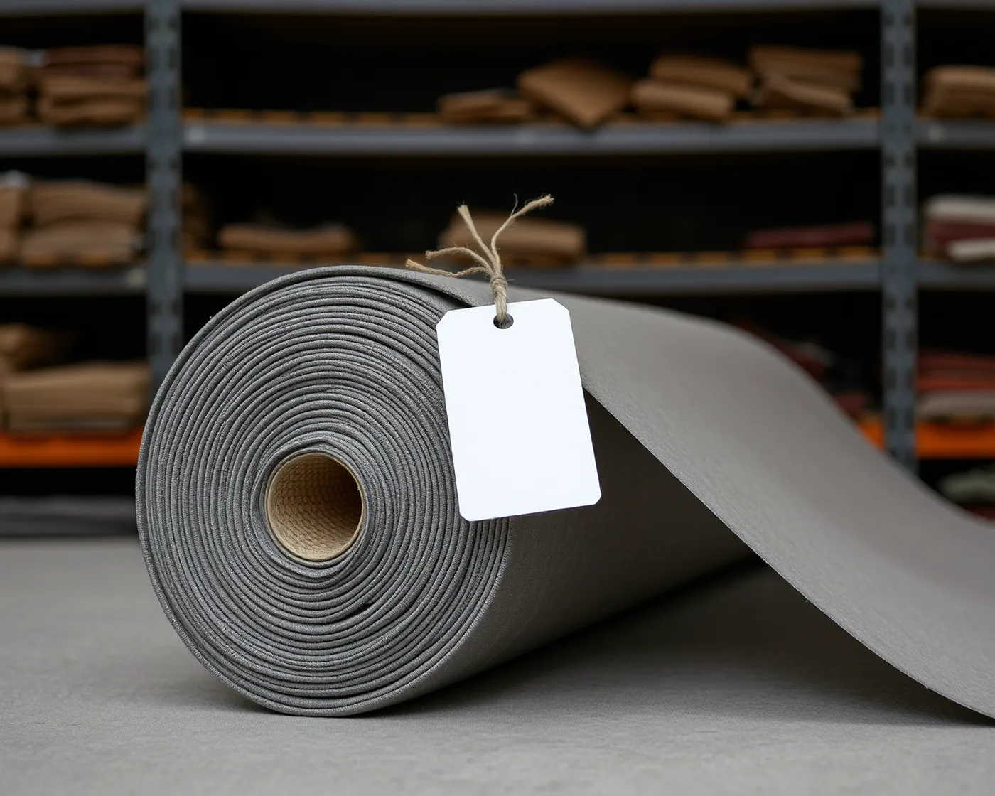 The cut end of a roll of contract vinyl with the manufacturer's printed specification tag attached