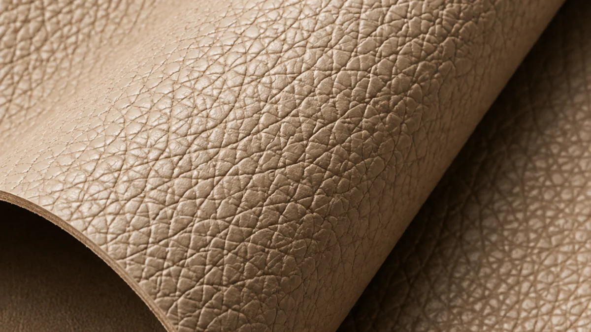 A tan leather sheet rolled into a curve, its pebble grain identical across the whole surface