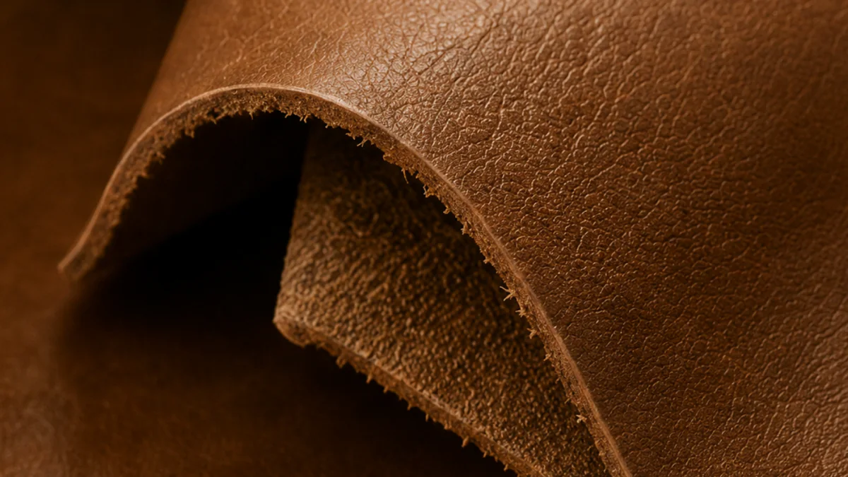 A brown hide folded back on itself, showing the fibrous cut edge and the suede-like flesh side beneath the grain