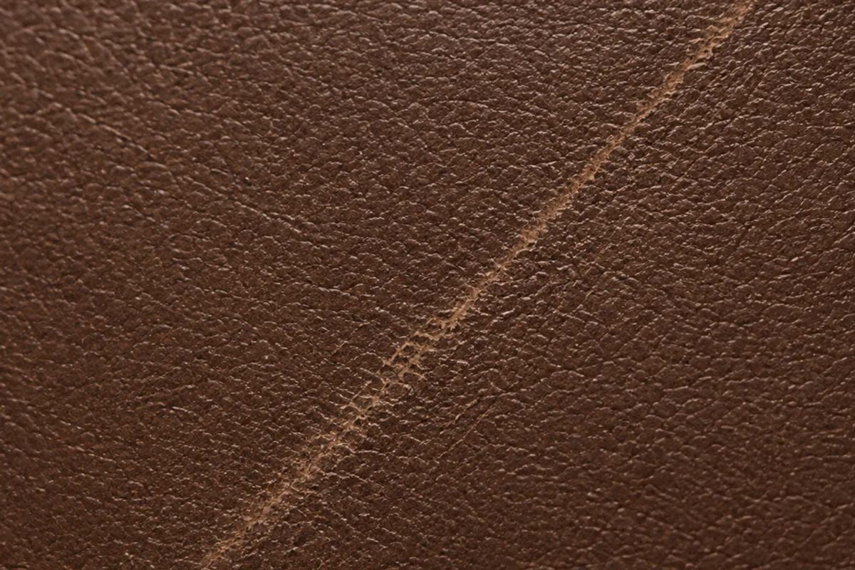 Brown hide with a healed scar running across it and its natural grain still in place, the kind of mark sanding takes off