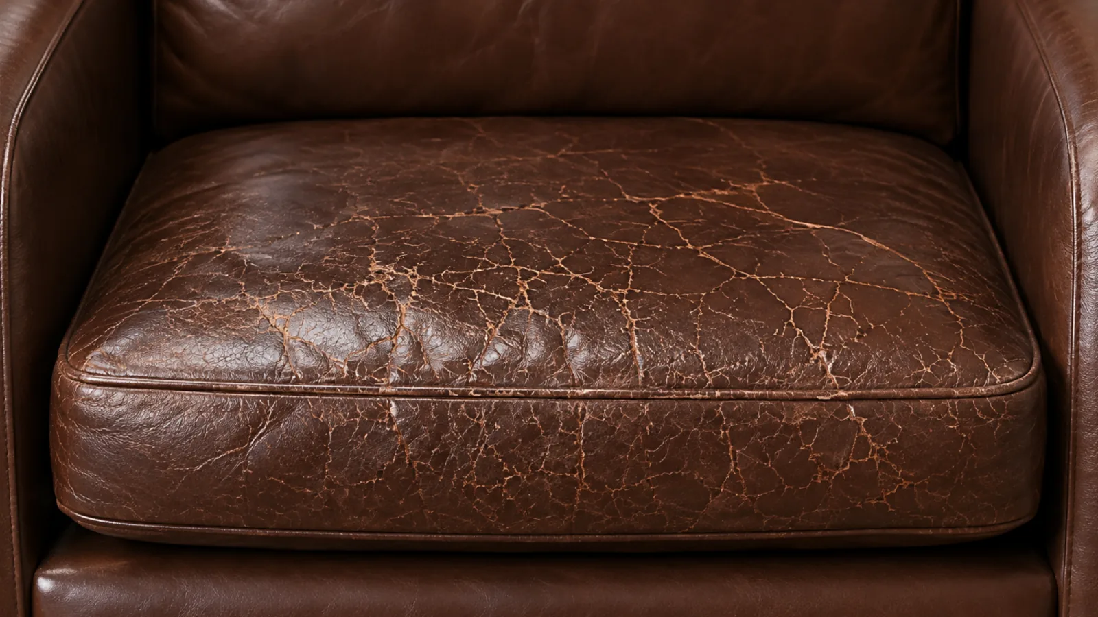 A damaged corrected grain leather seat cushion with the topcoat cracked into a web across the panel