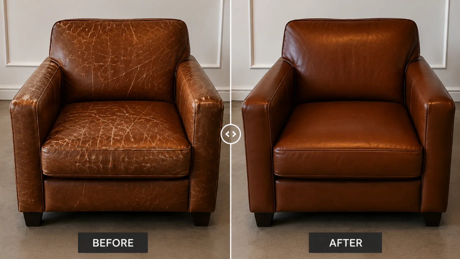 Before and after a corrected grain leather club chair, heavily crazed on the left and uniform on the right