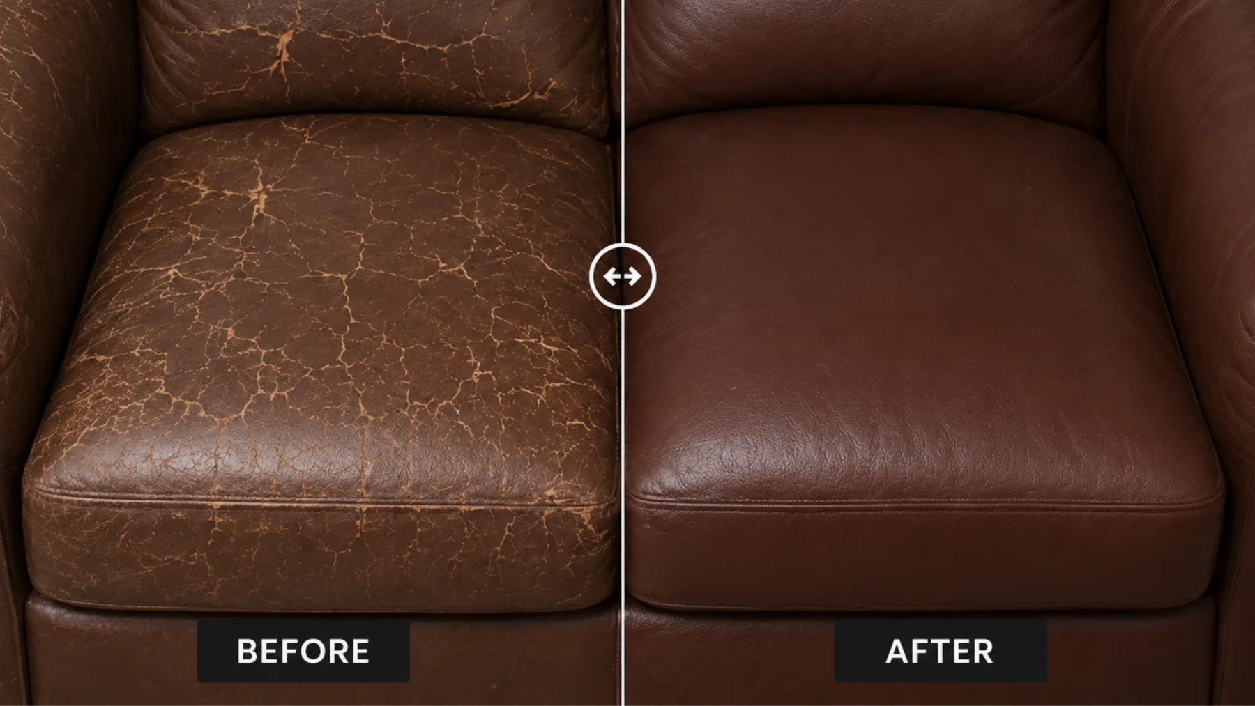 Before and after a corrected grain leather seat: a cracked topcoat on the left, an even rebuilt surface on the right