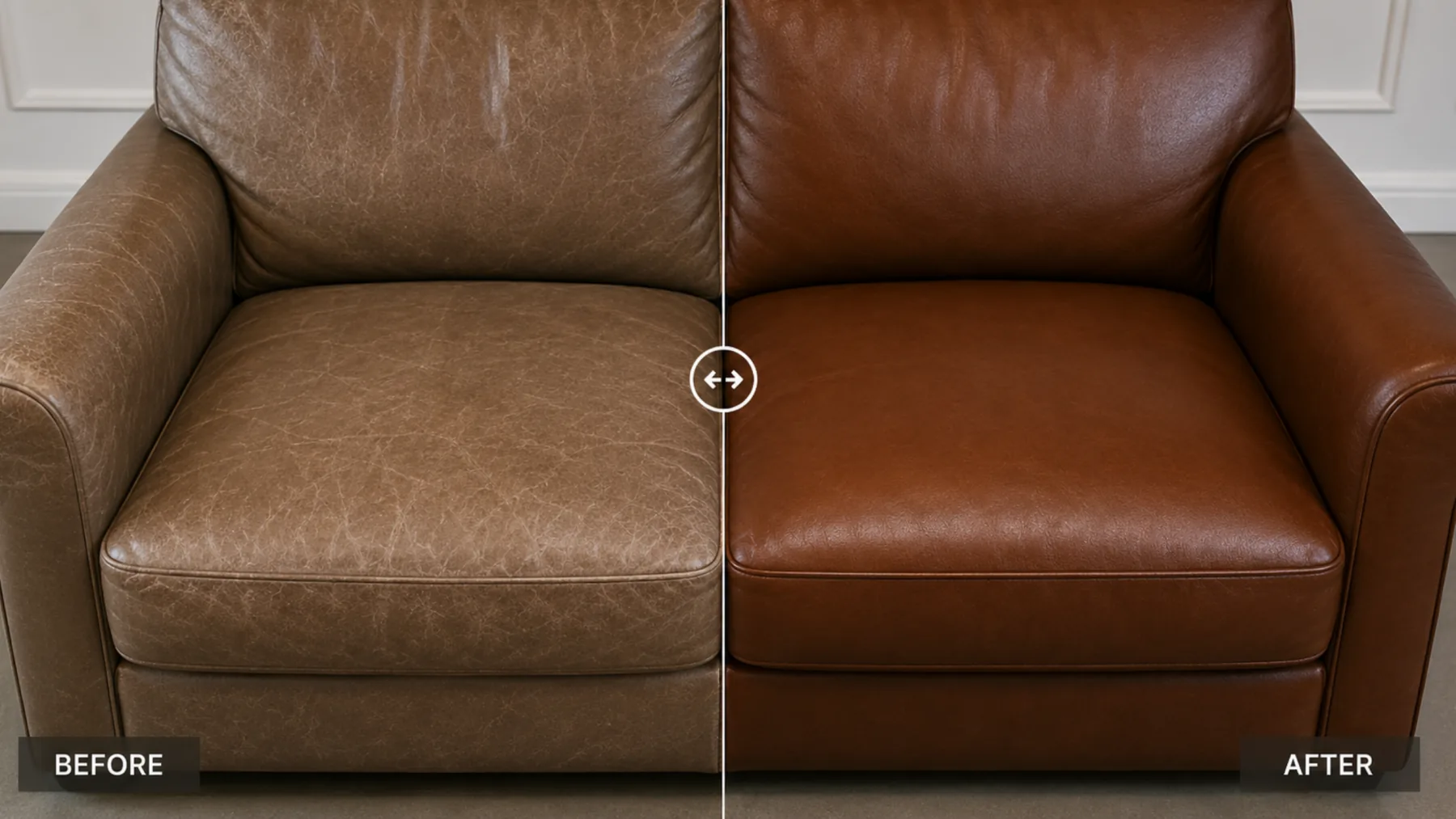 Before and after a corrected grain leather loveseat, faded grey-brown on the left and warm tan on the right