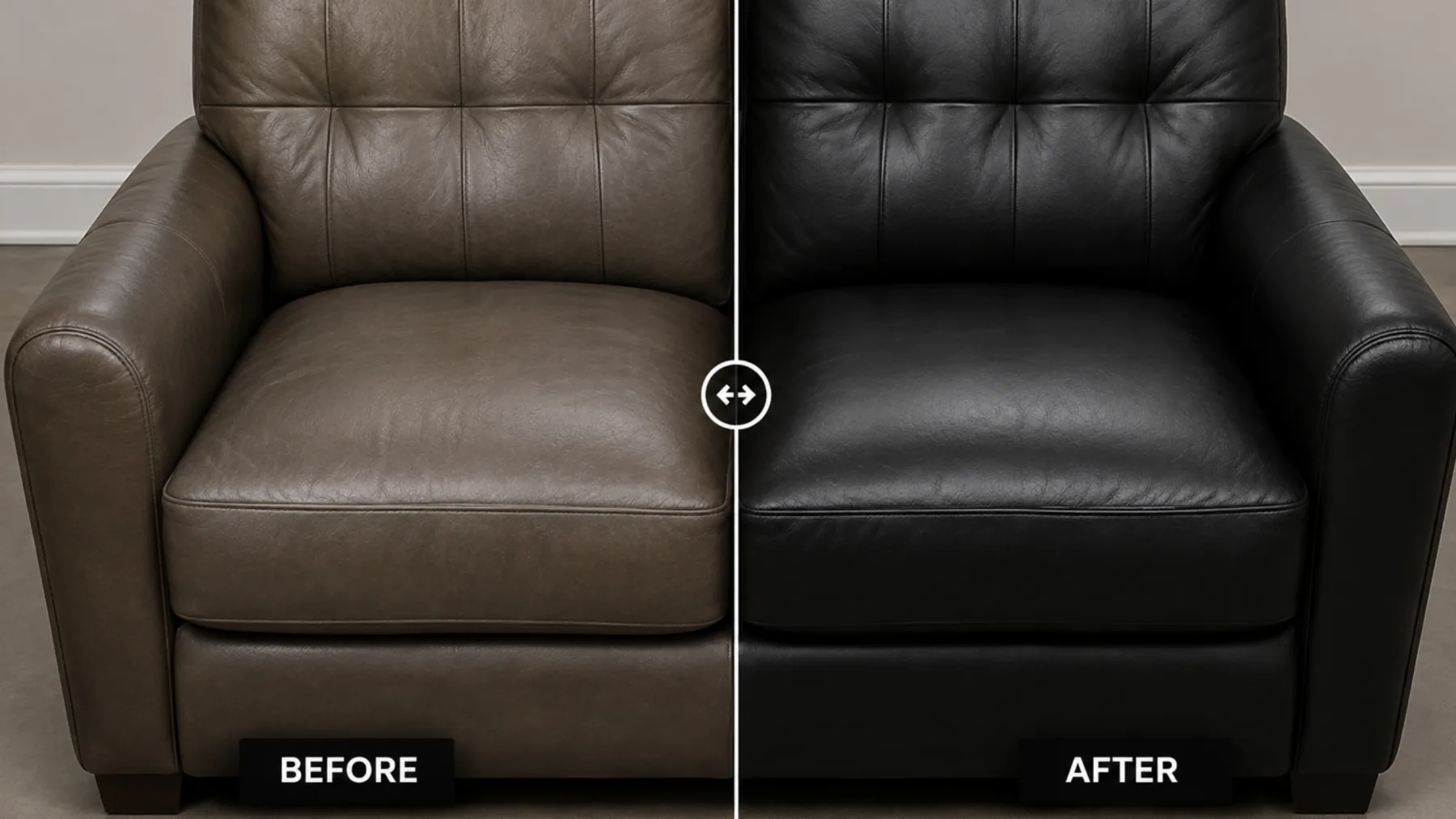Before and after a corrected grain leather recliner recoloured from grey-brown to near black