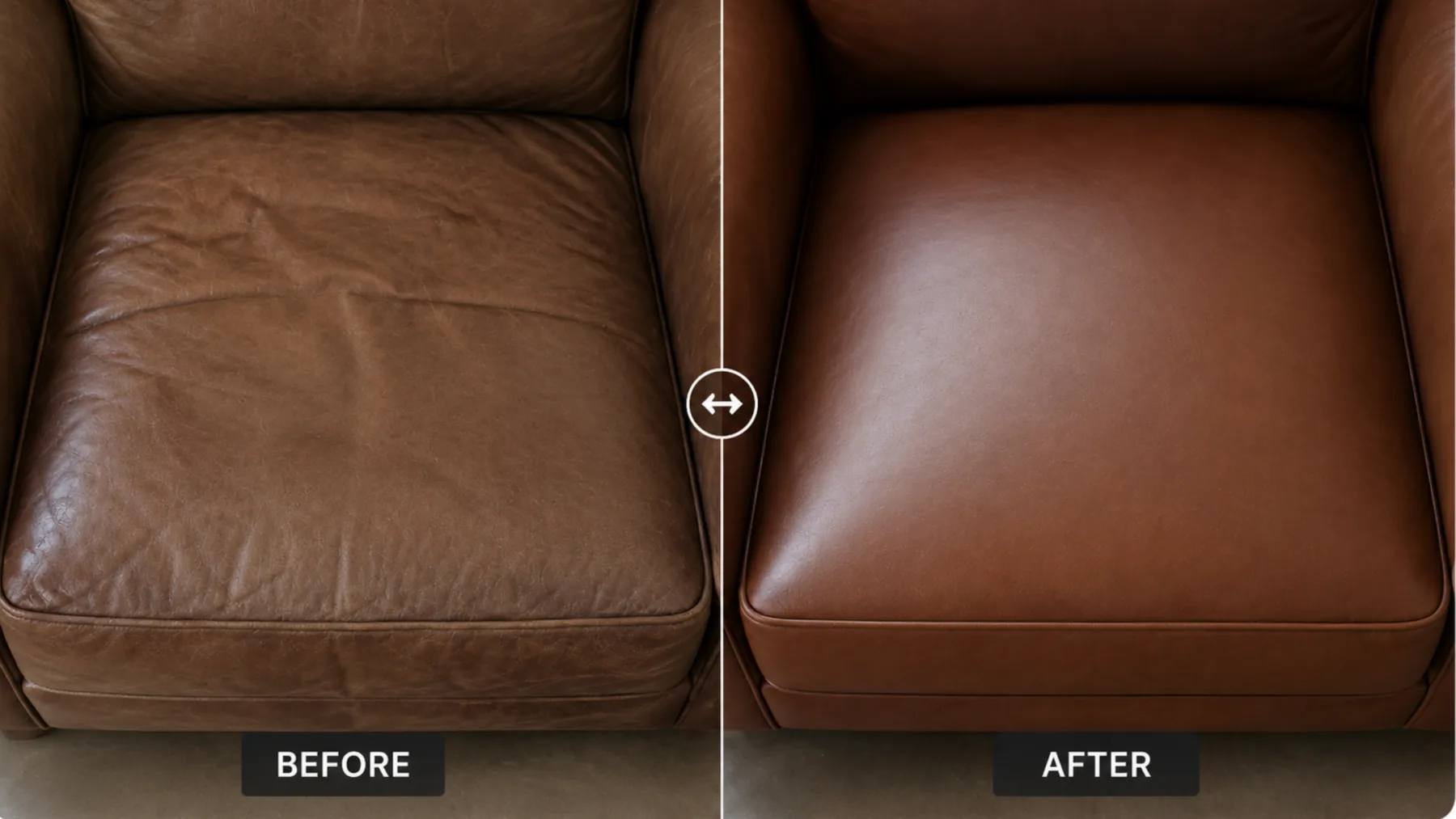 Before and after a corrected grain leather seat cushion, creased and dull on the left, filled and even on the right