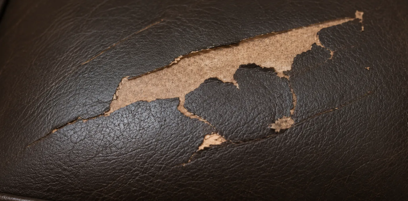 The finish lifted away from corrected grain leather, exposing the pale filled layer beneath