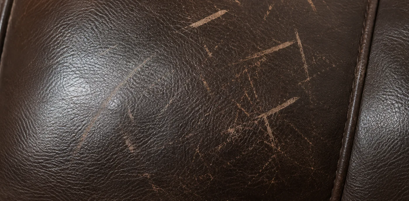 Pale scratches and scuff marks cut through the pigment coat on dark brown corrected grain leather