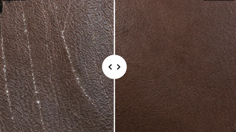 Before and after of a cracked corrected grain coating, the pale crack lines stripped and recoloured to an even brown