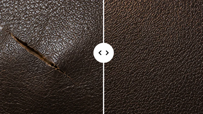 Before and after of a split in corrected grain leather, the gash filled and the surrounding grain carried across it