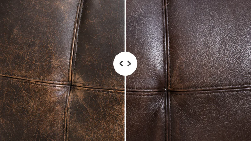 Before and after across a seam, the faded lighter panel brought back to the colour and sheen of the one beside it