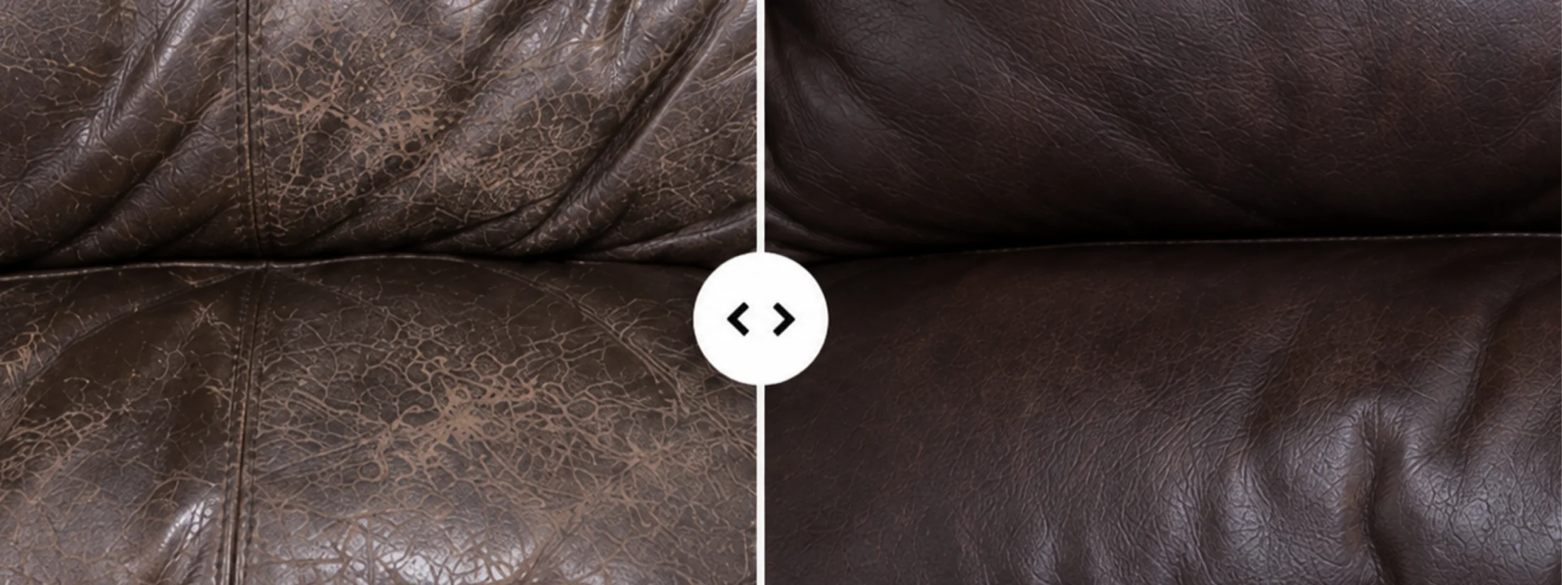 Before and after of a seat and back cushion in dark brown corrected grain leather, the crazed surface rebuilt to an even finish