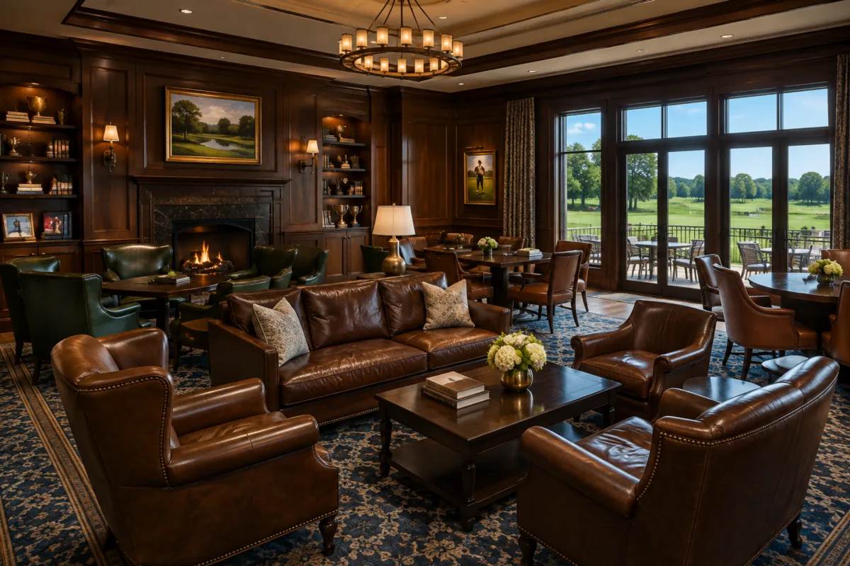 Brown leather sofas and armchairs in a wood-panelled country club lounge