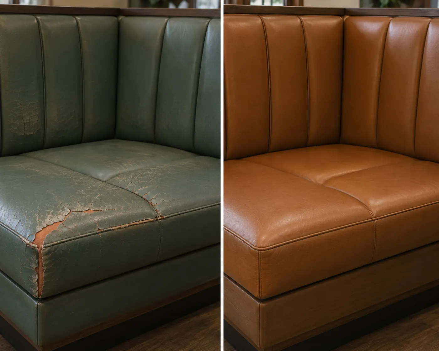 Coworking cafe banquette before and after on-site reupholstery