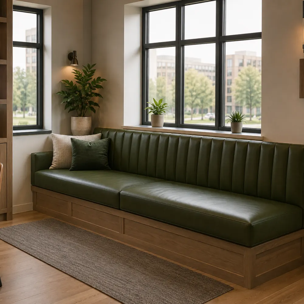 Built-in leather bench seating under a coworking window