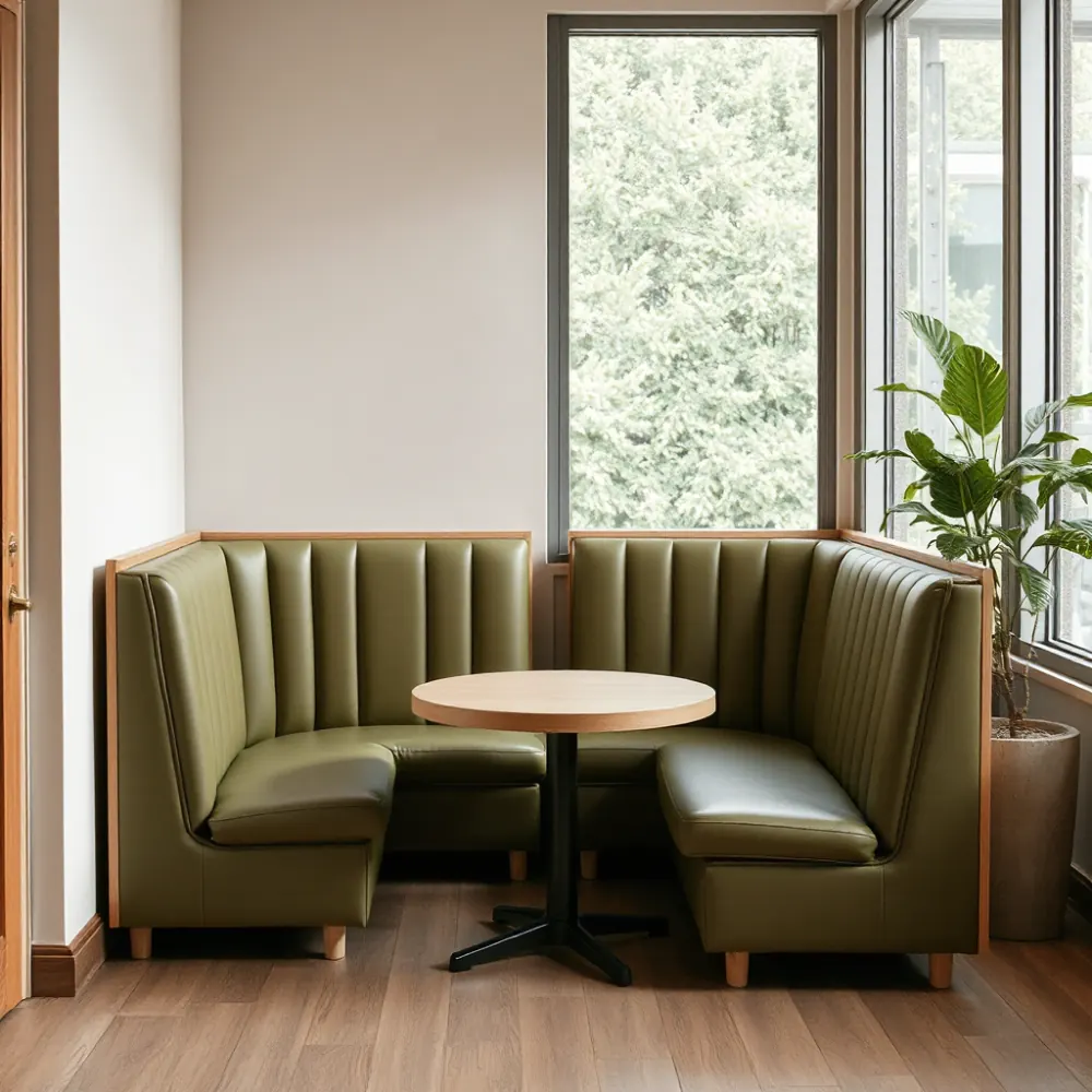 Upholstered booth banquettes facing each other in a coworking cafe