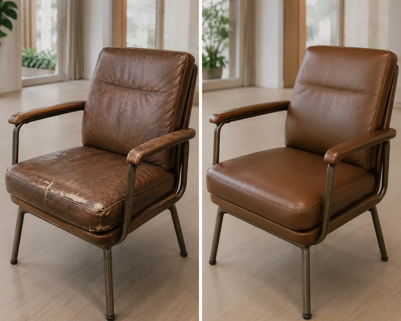 Leather breakout chair scuffed along the front edge, beside the same chair in one clean tone
