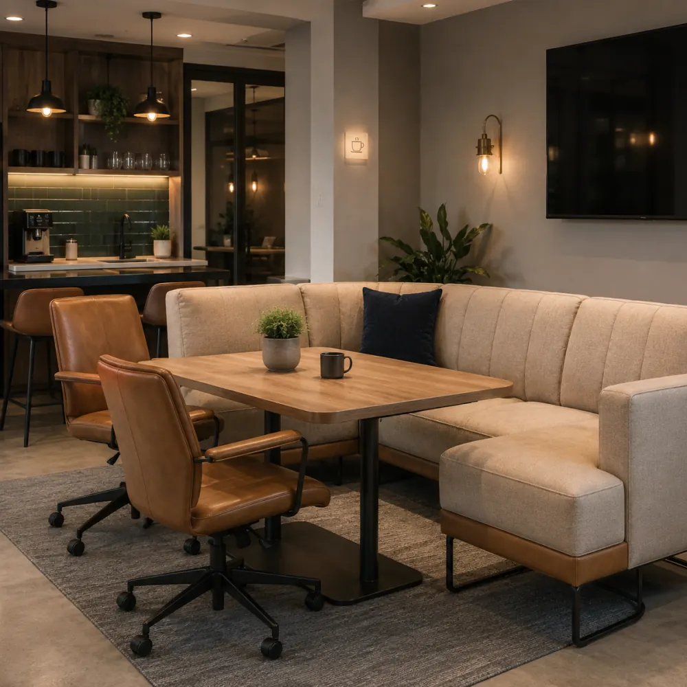 Coworking cafe and pantry seating with a banquette and chairs