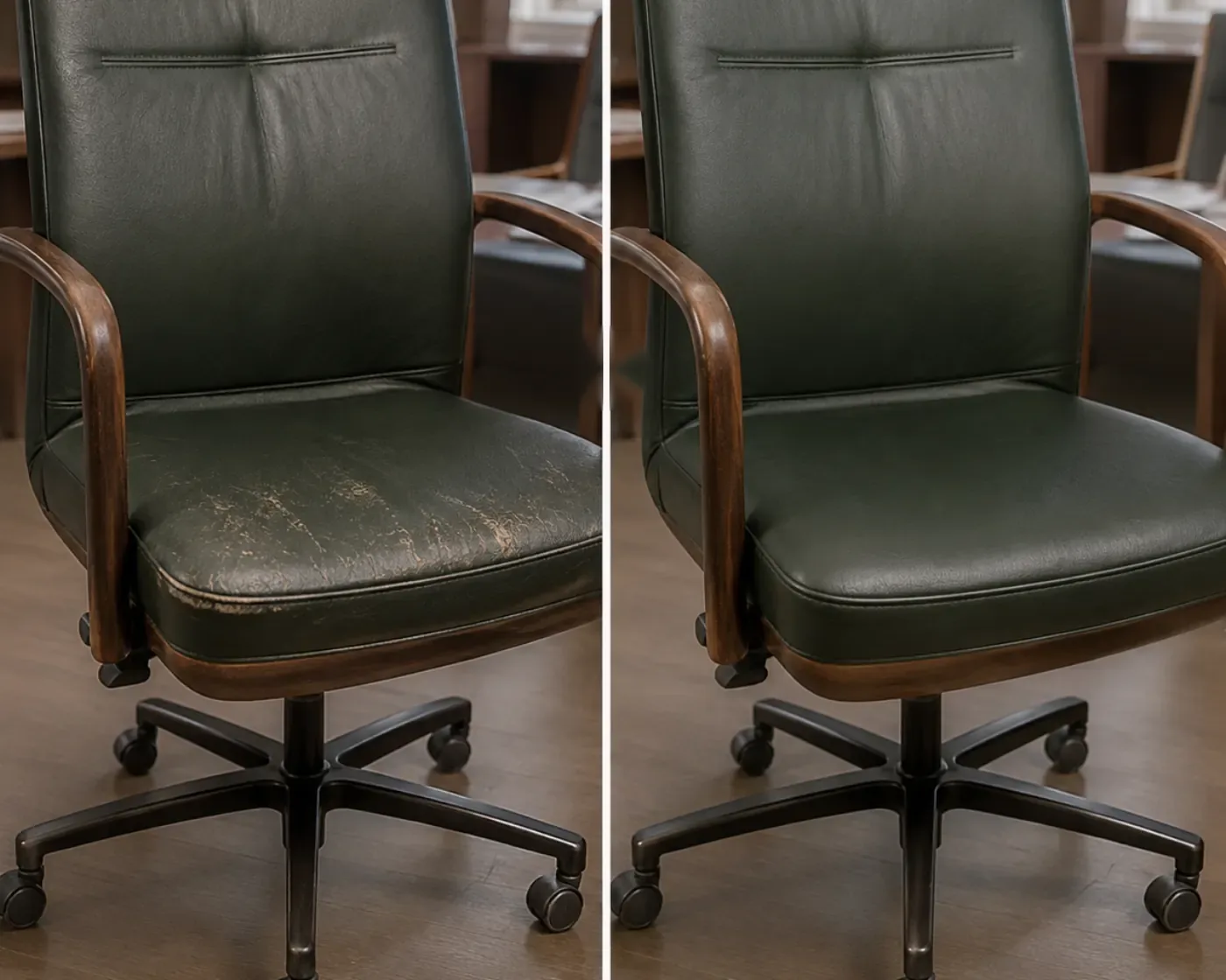 Coworking desk chair before and after the worn seat was recoloured and resealed