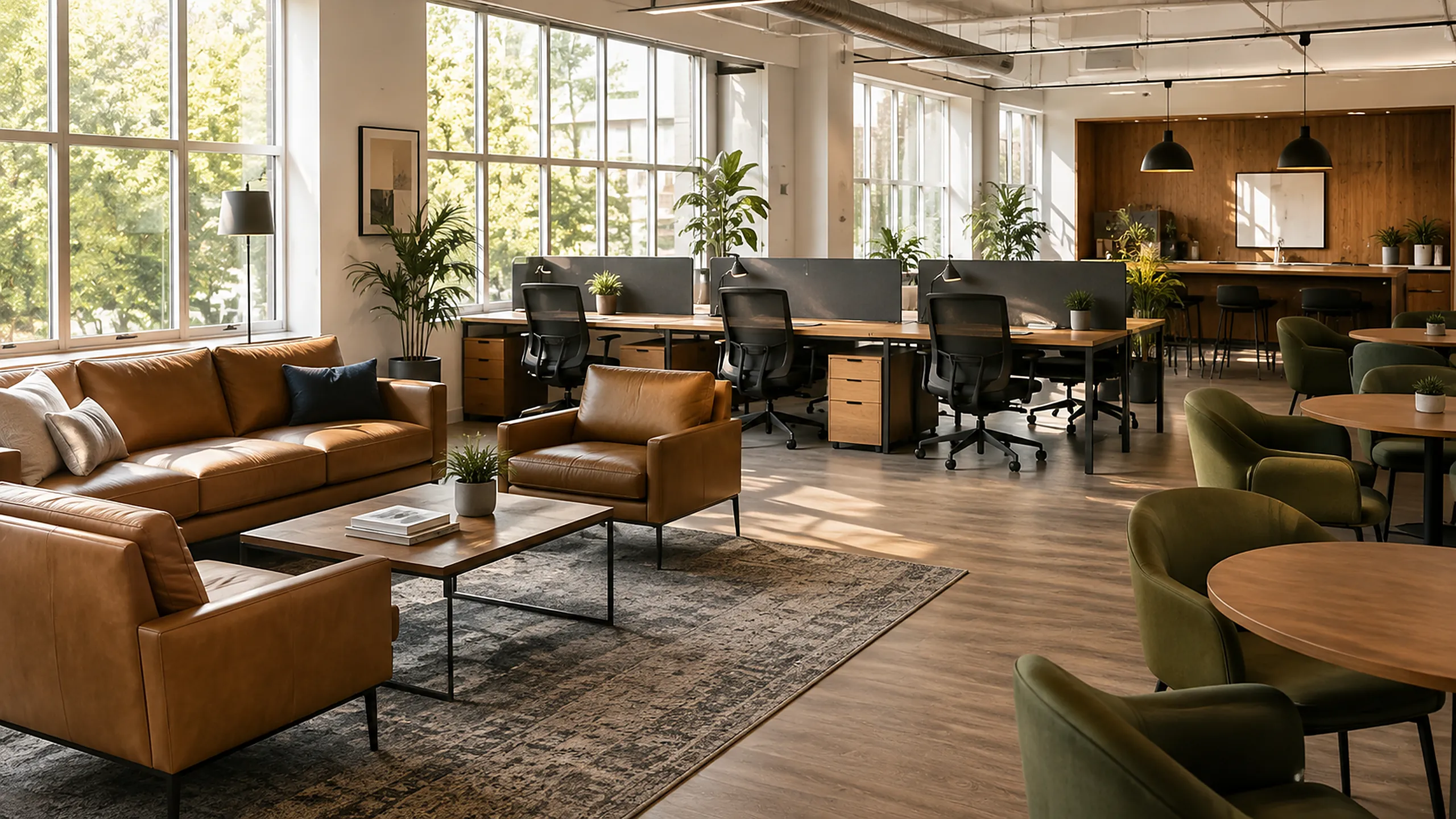 Coworking furniture repair NYC: a shared workspace floor with task chairs, lounge seating and a communal table