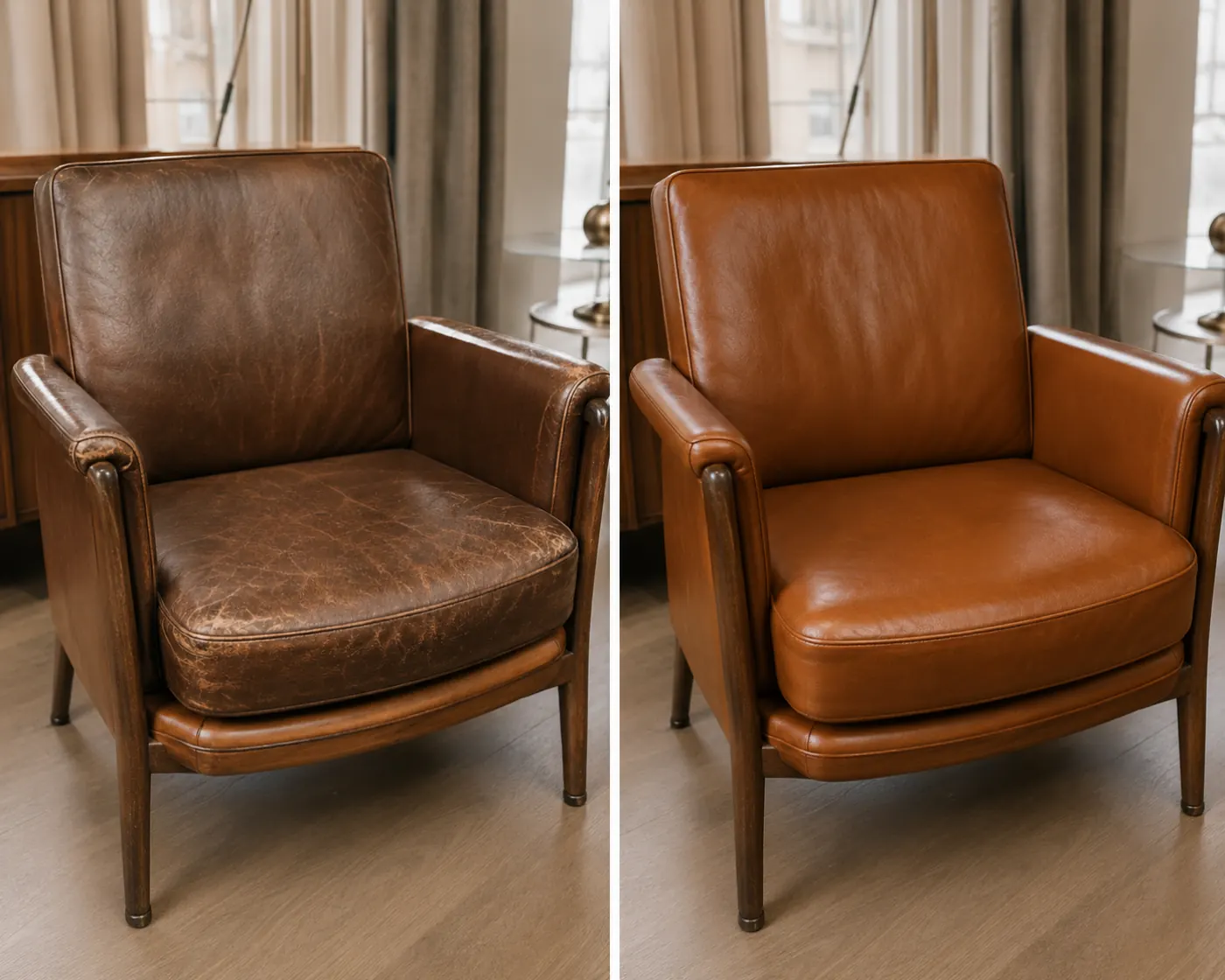Leather lounge armchair worn light on the seat and arms, beside the same chair recolored evenly
