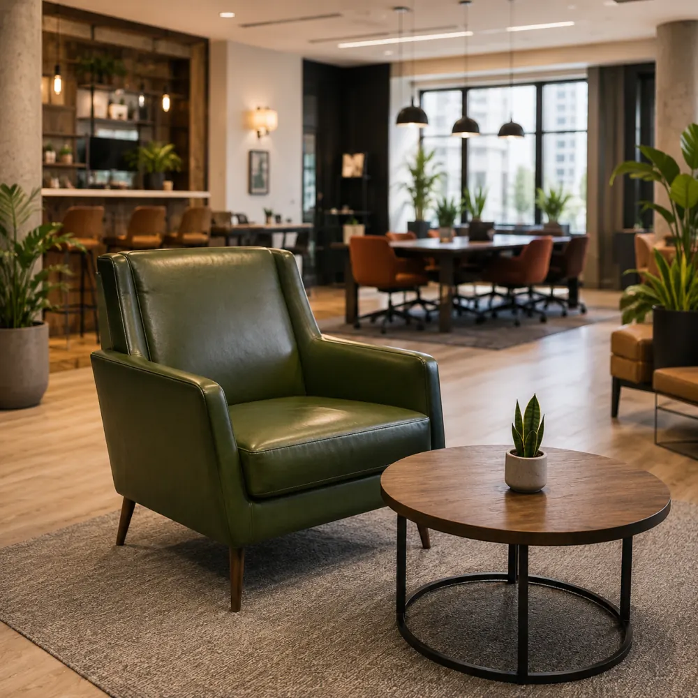 Green leather lounge chair on a coworking floor
