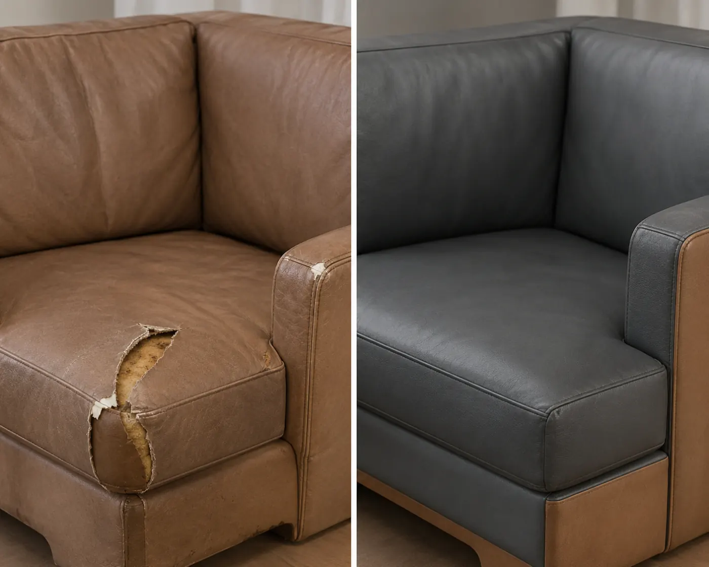 Coworking lounge sofa before and after the torn arm was recovered